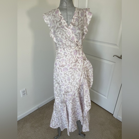 Rebecca Taylor wrap midi floral dress with ruffle mock sleeve - Picture 2 of 8